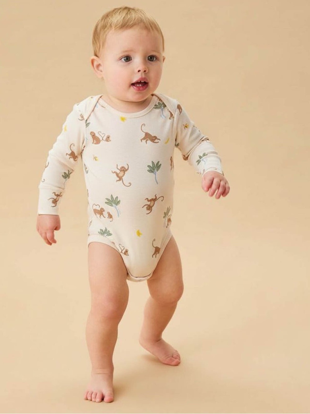 Mori Monkey Print Long-Sleeve One-Piece in Cream Size 6/9 Months